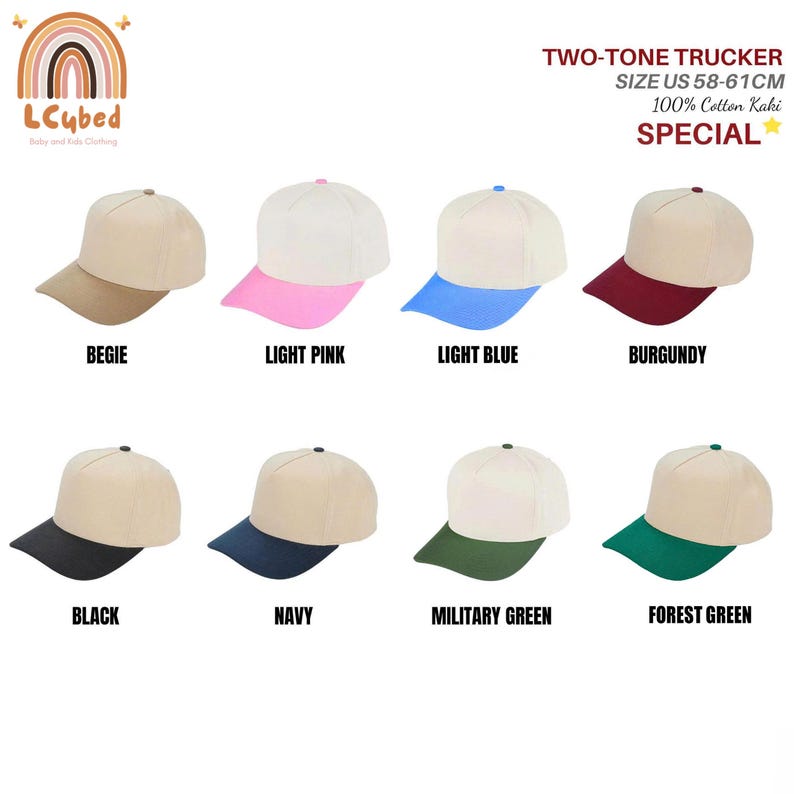 May include: A collection of two-tone trucker hats in various colors, including beige, light pink, light blue, burgundy, black, navy, military green, and forest green. The hats are made of 100% cotton khaki and are sized US 58-61cm.