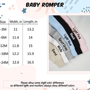 May include: Image of a baby romper with a size chart showing width and length in inches. Colors include light pink, black, light blue, sport grey, white, and sand. The text "BABY ROMPER" is at the top.