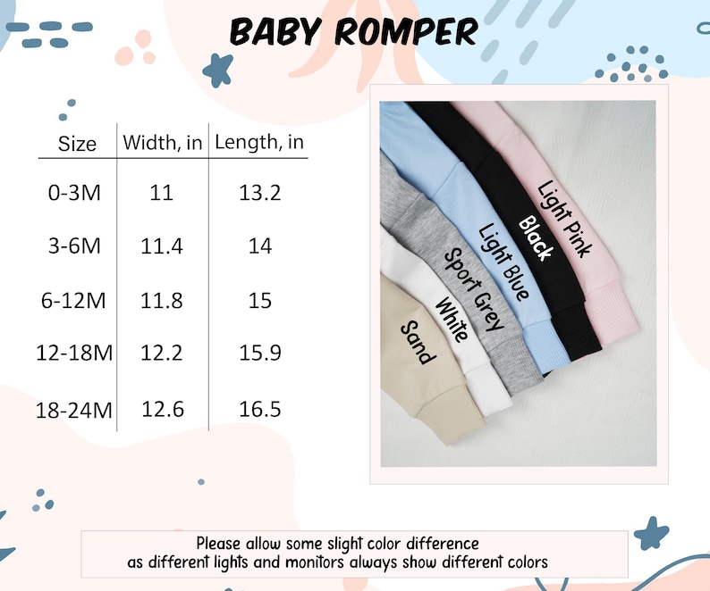 May include: Image of a baby romper with a size chart showing width and length in inches. Colors include light pink, black, light blue, sport grey, white, and sand. The text "BABY ROMPER" is at the top.