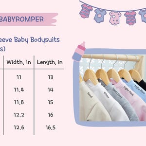 May include: Image features long-sleeve baby bodysuits in six colors: Sand, White, Sport Grey, Light Pink, Light Blue, and Black. The image includes a size chart with measurements in inches for width and length, ranging from 11" to 12.6" wide and 13" to 16.5" long.