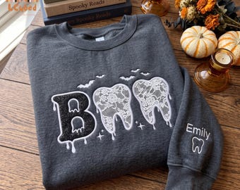 Embroidered Teeth Boo Floral Lace Sweatshirt, Custom Halloween Dentist Hoodie, Spooky Season Dental Hygienist Shirt, Dentist Holiday Outfit