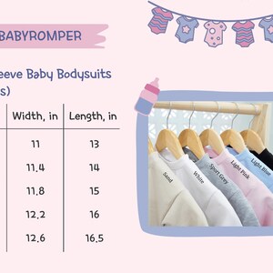May include: Size chart for long-sleeve baby bodysuits in six colors: sand, white, sport grey, light pink, light blue, and black. The chart shows the width and length in inches for sizes 0-3M, 3-6M, 6-12M, 12-18M, and 18-24M.