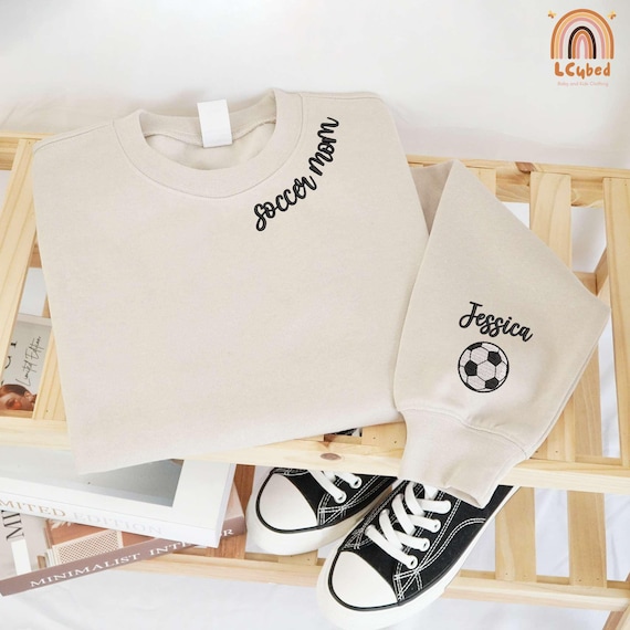 Embroidered Custom Soccer Mom Sweatshirt, Soccer Mom Hoodie, Mom Soccer Sweatshirt, Soccer With Kid Name On Sleeve, Gift For Mom