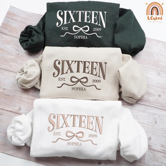 Embroidered Coquette Bow Sixteen Birthday Sweatshirt, Official Teenager University Girls Birthday Party Sweatshirt, 16 Year Old Bday Gift