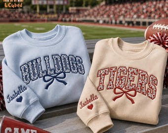 Embroidered Custom Mascot Gingham Applique Sweatshirt, Personalized Team Name Shirt, Game Day Coquette Bow Sweater, Sports Fans Apparel