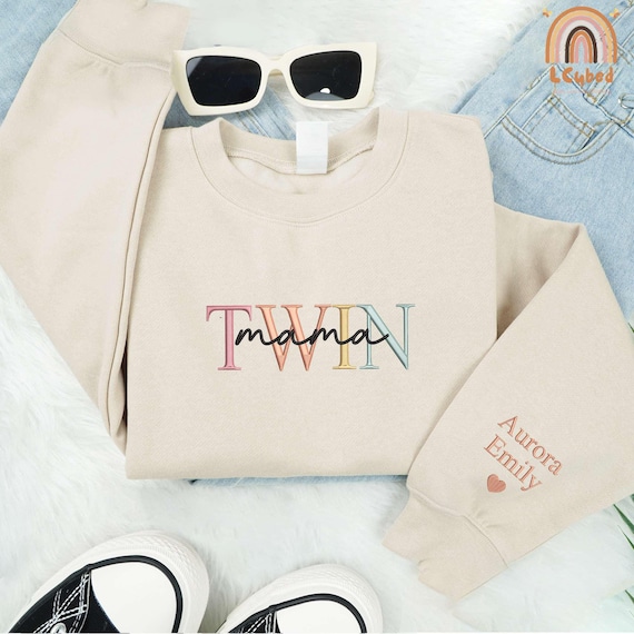 Embroidered Twin Mom Sweatshirt, Twin Baby Sweatshirt, Gift For Twin Mom, Girl Twins Sweater, Boy Twins Sweaters, Twin Mom Birthday Crewneck