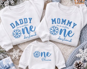 Embroidered Winter ONEderland Family Matching Sweatshirt, Custom First Birthday Snowflake Crewneck Sweater, Mommy Daddy In A Winter T-Shirt