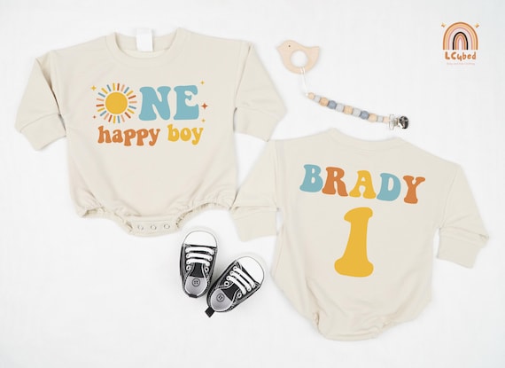 Personalized One Happy Boy Baby Romper, 1st Birthday Baby Outfit, First Birthday Bodysuit, Sun Themed Birthday Shower Gift for 1 Year Old