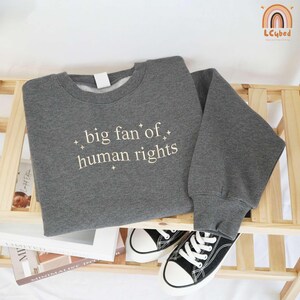 May include: A gray sweatshirt with the text "big fan of human rights" in white. The sweatshirt is displayed on a wooden shelf with a pair of black and white sneakers. The sweatshirt has a crew neck and long sleeves.