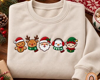 Embroidered Christmas Sweatshirt, Snowman Santa Crewneck Sweater, Gingerbread Reindeer Pullover Hoodie, Cozy Winter Holiday Outfit