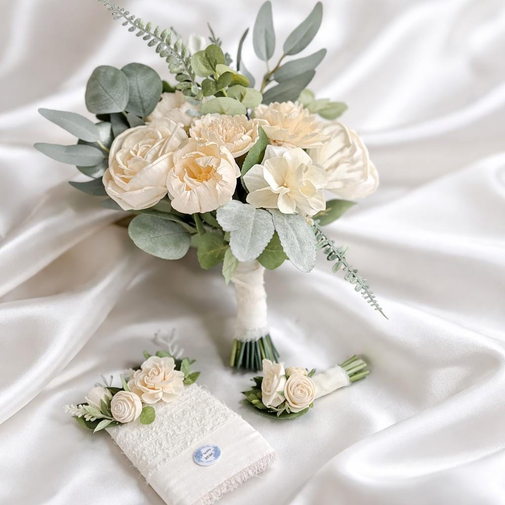 Ivory Neutral Keepsake Prom Bouquet, Classic Wood Flower Bouquet, Matching Boutonniere, Custom Sola Wood Dance Flowers 2026