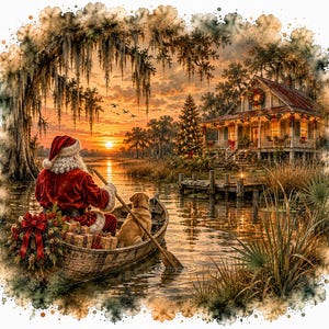 May include: A watercolour-style illustration of Santa Claus in a red suit rowing a wooden boat on a bayou at sunset. A golden dog sits in the boat with wrapped gifts and a wreath. A house with Christmas lights stands on the shore.