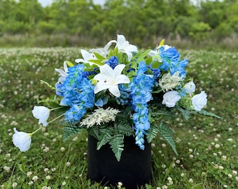 Blue Hydrangea Headstone Saddle with Solar Light | Silk Cemetery Flowers | Grave Saddle Arrangement