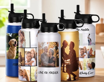 Personalized Photo Water Bottle, Custom Tumbler with Photo, 32 oz Stainless Steel Bottle, Family Christmas Gifts