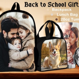May include: A set of back-to-school gifts including a black backpack, lunch bag, and tumbler. The backpack has a family photo, the lunch bag a corgi, and the tumbler a family portrait. The image includes the text "Back to School Gifts".