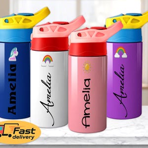 Custom Kids Water Bottle with Straw, Personalized 12 oz Stainless Steel Water Bottle, Back to School Gifts, Summer Camp Toddler Tumbler Gift