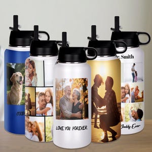Gourde avec photo personnalisée, Gourde personnalisée, Bouteille en acier inoxydable de 32 oz, Cadeaux de famille pour papa et maman