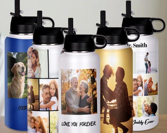 Bottiglia d'acqua personalizzata con cannuccia, bottiglia in acciaio inossidabile da 32 once, regalo con foto di famiglia per papà e mamma