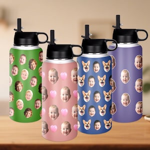 May include: Four insulated water bottles with black lids and handles. The bottles are green, pink, blue, and purple. The green bottle has baby faces, the pink bottle has baby faces and pink hearts, the blue bottle has baby faces and corgi faces, and the purple bottle has baby faces.