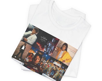 May include: White t-shirt with a collage of Michael Jackson album covers, including "Thriller", "Bad", "Dangerous", "HIStory", and "Invincible".