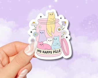 Happy Pills Cute Cats Pegatina, Divertidas pegatinas de salud mental, Pegatina Kindle para computadora portátil, Regalo de terapeuta, Cuidado personal