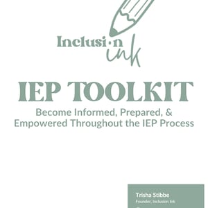 以下が含まれることがあります： 白い背景に、白い消しゴムが付いた緑色の鉛筆が描かれています。鉛筆の下には、「Inclusion ink」という緑色の文字が書かれています。「Inclusion ink」の下には、「IEP TOOLKIT」という緑色の文字が書かれています。「IEP TOOLKIT」の下には、「Become Informed, Prepared, & Empowered Throughout the IEP Process」という緑色の文字が書かれています。画像の右下には、「Trisha Stibbe Founder, Inclusion Ink inclusion-ink.com 701-261-9370 trisha@inclusioni-nk.com」という文字が書かれた名刺があります。