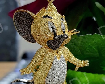 4Ct Round Cut Lab Created Diamond Hip Hop Pendant Diamond Mickey Mouse Pendant Charm 3D Cartoon Pendant 14k Yellow Gold Over Gift For Him