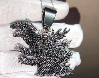Godzilla Pendant Round Cut Lab-Created Black Diamond Godzilla Pendant 14K Black Gold Plated Black Diamond Hip-Hop Pendant Godzilla Pendant