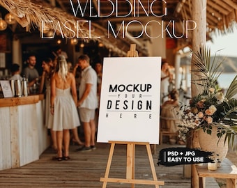 Boho Wedding Sign Wooden Easel Poster Mockup | PSD smart object + JPG | birthday, bridal shower | Easy to use | beautiful wedding background