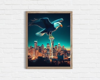 Seattle Seahawks Seahawk on Space Needle Art Print - Skyline - 8x10/16x20 - Frame Not Included