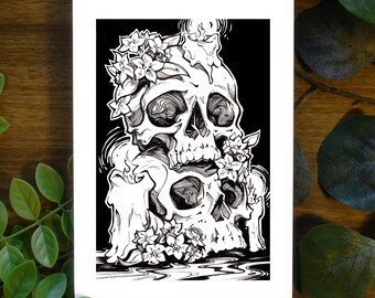 Stampa di Halloween con teschio e fiori / Disegno a penna e inchiostro