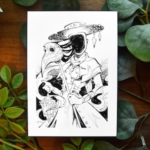 Black Plague Doctor || Fantasy Historical Art Print Pen and Ink Original Design
