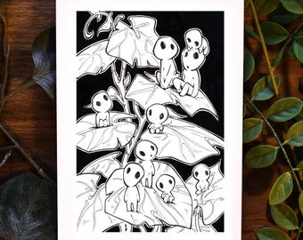 Kodamas || Studio Ghibli Princesss Mononoke Fantasy Art Print Pen and Ink Original Design