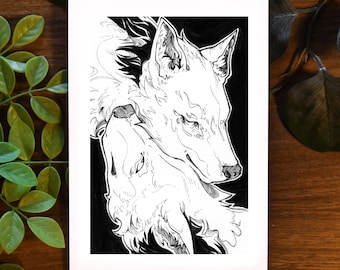 Joyful Embrace || Wolf Fantasy Art Print Pen and Ink Original Design