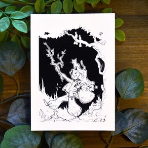 A Woodland Adventure || Forest and Animals Fantasy Art Print Pen and Ink Original Design