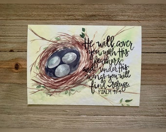 Birds Nest Watercolor Psalm 91:4 5x7 Print