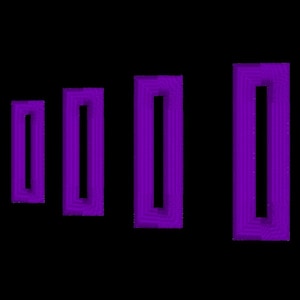 May include: An abstract image featuring a series of purple rectangular frames arranged in a row against a black background. The frames diminish in size, creating a sense of depth and perspective. The color is a vibrant purple.