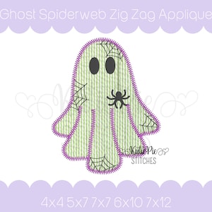 May include: A green and white striped ghost applique design featuring black oval eyes, black spiderwebs, and a black spider. The design is outlined with a purple zig zag stitch. The text reads Ghost Spiderweb Zig Zag Applique and Kutie Pie Stitches.