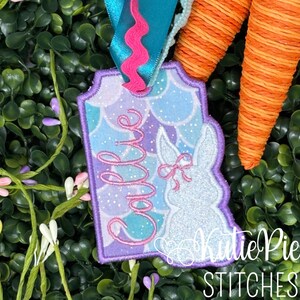 ITH Easter Bunny Bow Satin Bag Basket Tag Nametag Label Satin Stitch Machine Embroidery Applique In The Hoop Design TUTORIAL INCLUDED