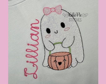Ghost Girl Halloween Bucket Sketch Stitch Machine Embroidery Design Girl Ghost Spooky Design