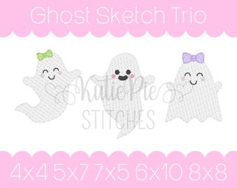 Ghost Sketch Stitch Trio Machine Embroidery Design Girl Bows Spooky Design