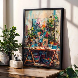 May include: A framed watercolor painting of an artist's workspace, featuring a wooden table with paint supplies, brushes, and colorful bowls. The artwork depicts a vibrant still life of flowers and plants, with a window and greenery in the foreground.