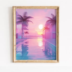 Retro Tropical Sunset Print, Palm Tree Pool Reflection Printable Wall Art (Digital Download) 131