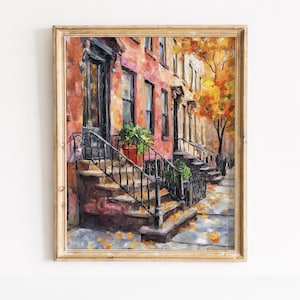 Herfst Brownstone trappen, gezellige stadsstraat - printbare muurdecoratie (digitale download) 374