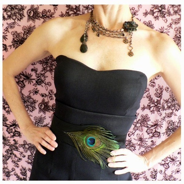 HAND MADE BLACK SATIN BELT with REAL PEACOCK FEATHER TRIM, made to order by MAISY BROWN