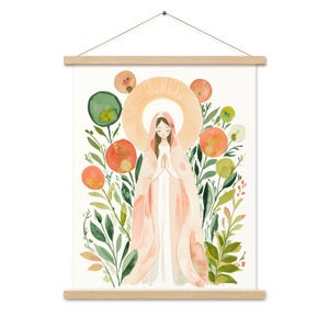Floral Virgin Mary Watercolor Poster: Catholic Nursery Decor with Wooden Hangers