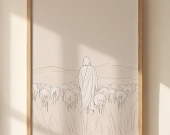 Ilustração vetorial do Bom Pastor, arte cristã para parede de quarto infantil, tons de creme e bege (download digital)