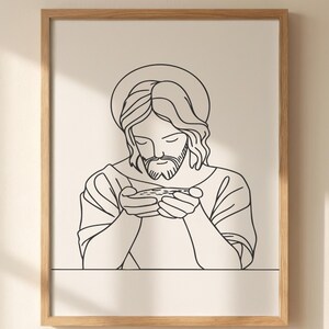 Jesus Breaking Bread Print, Bread of Life Line Art, Christian Wall Art, Black and White Nursery Decor (Digital Download)