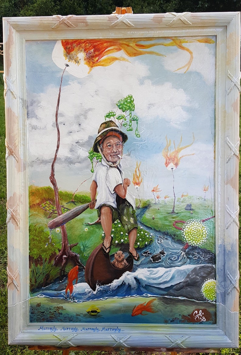 Bill Murray Fan Art Surreal Landscape Acrylic Painting Re Purposed Mirror Frame