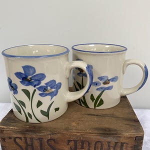 Two Vintage Hand Painted Blue and White Floral Studio Pottery Stoneware Mugs